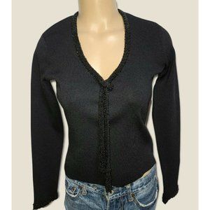Dana Buchman Dressy Black Long Sleeve Top Beaded Neck / Tassel / Cuff Sz S.  WT1